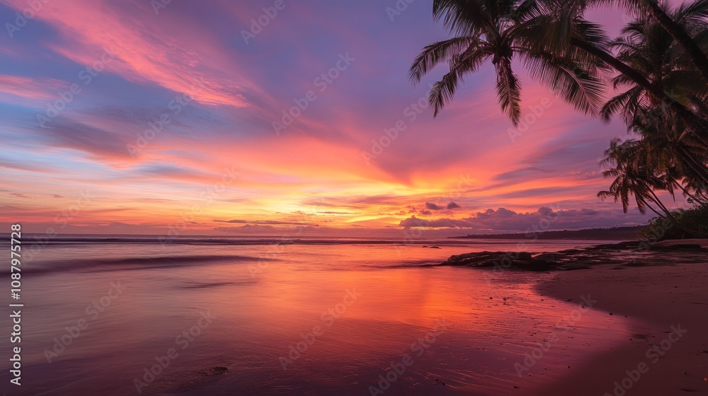 A tropical sunset, with the sky fading from orange to pink. A tropical sunset, with the sky fading from orange to pink.