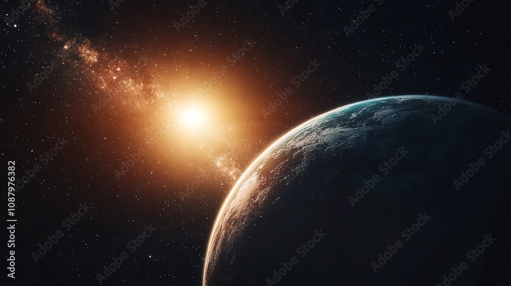Fototapeta premium A breathtaking view of a planet illuminated by the distant light of a sun, set against the vastness of space.