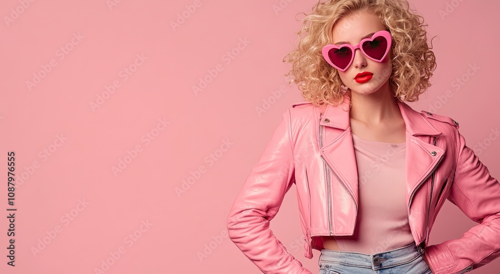 a blonde woman wearing pink heart-shaped sunglasses, a pastel jacket, and jeans against a vibrant pink background for a Valentine's Day concept a blonde woman wearing pink heart-shaped sunglasses, a pastel jacket, and jeans against a vibrant pink background for a Valentine's Day concept