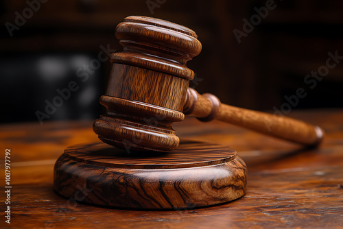 Detailed wooden judge's gavel on a visible surface, showcasing intricate wood texture and craftsmanship, symbolizing justice and authority against a simple background. 