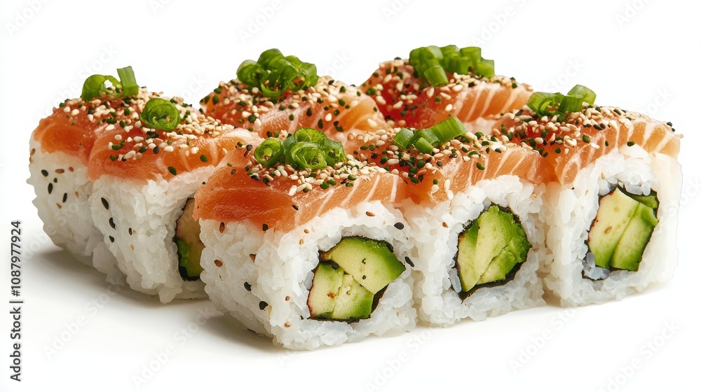 Gourmet sushi roll with succulent salmon topping, avocado and rice core, ultra-close detail showcasing texture, flavor, and freshness Gourmet sushi roll with succulent salmon topping, avocado and rice core, ultra-close detail showcasing texture, flavor, and freshness