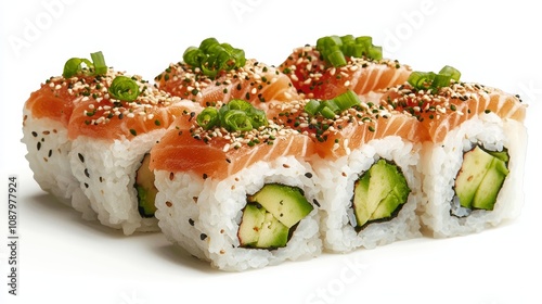 Gourmet sushi roll with succulent salmon topping, avocado and rice core, ultra-close detail showcasing texture, flavor, and freshness