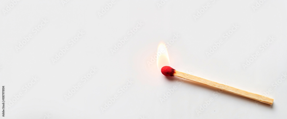 Burning matchstick with bright flame on white, ignition concept