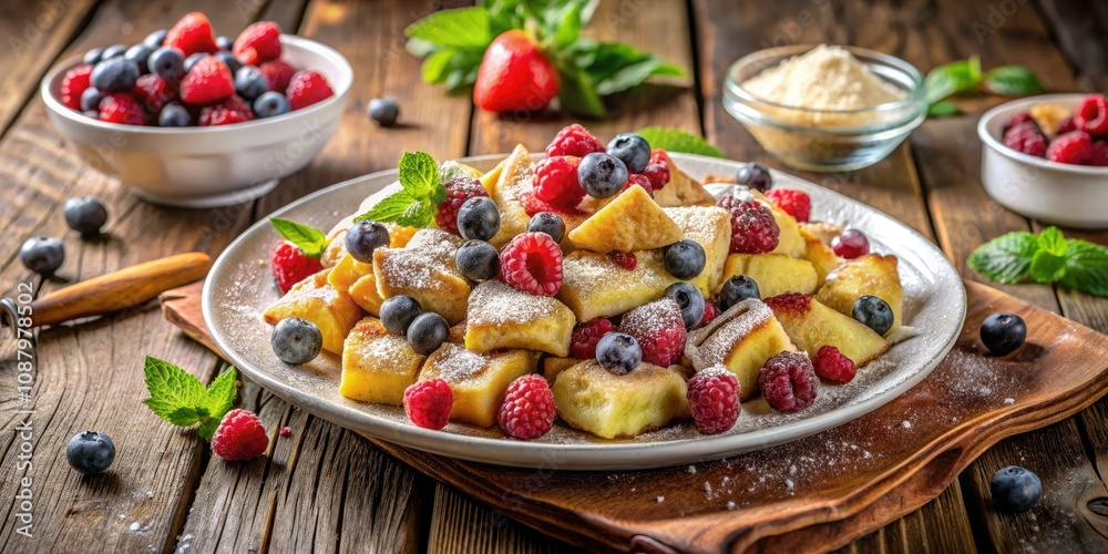 Fluffy Kaiserschmarrn Pancakes with Fresh Berries and Powdered Sugar - A Delicious German Dessert Fluffy Kaiserschmarrn Pancakes with Fresh Berries and Powdered Sugar - A Delicious German Dessert