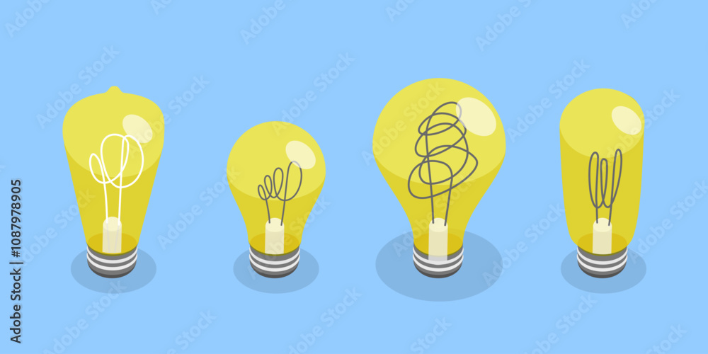 3D Isometric Flat Vector Illustration of Different Light Bulbs, Creative Thinking, Innovation 3D Isometric Flat Vector Illustration of Different Light Bulbs, Creative Thinking, Innovation