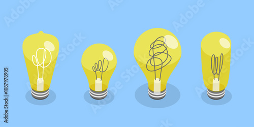 3D Isometric Flat Vector Illustration of Different Light Bulbs, Creative Thinking, Innovation