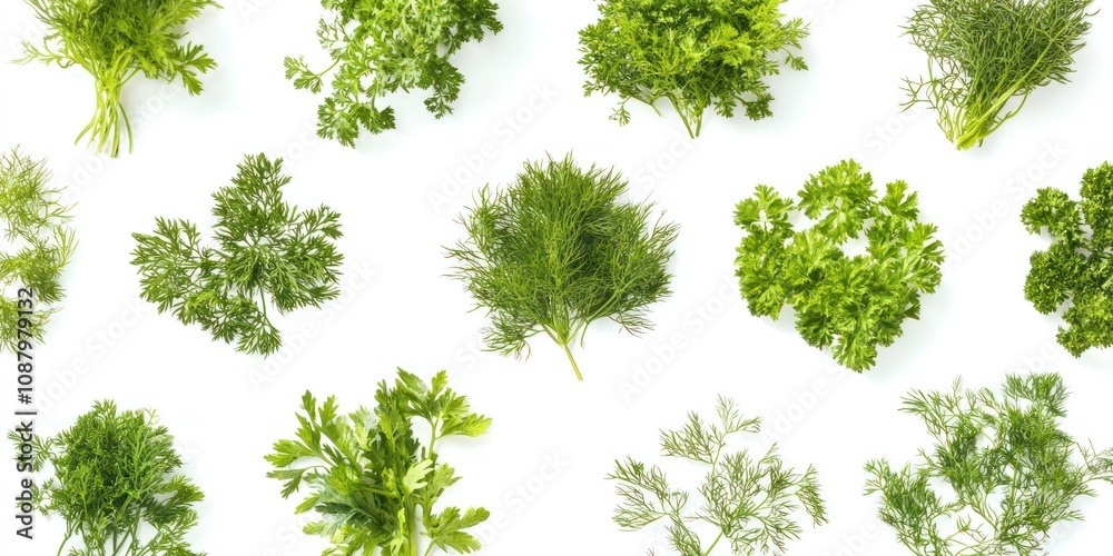 Fototapeta premium Fresh dill and parsley sprigs isolated on white background.