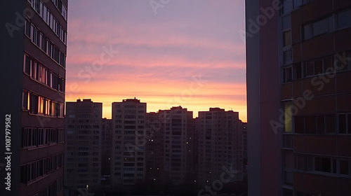 Transcendent Pink Sunset Over Urban Landscape at Dusk - A Calming Scene with Dusty Undertones