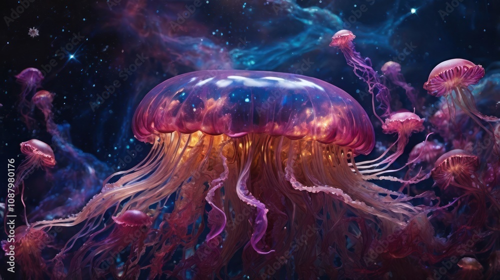 A surreal illustration of jellyfish with a cosmic background. A surreal illustration of jellyfish with a cosmic background.