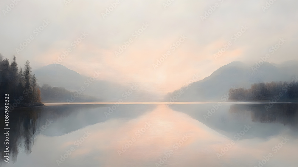 Tranquil Reflection of Clouds and Mountains at Dawn in Transcendent Pink Hues Tranquil Reflection of Clouds and Mountains at Dawn in Transcendent Pink Hues