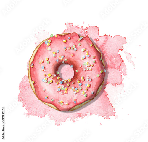 One round donut with pink glaze and colorful topping on jam stain background. Watercolor hand drawn illustration