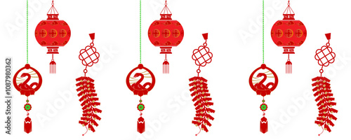 hanging chinese new year greetings ornament elements with background chinese firecrackers and lantern