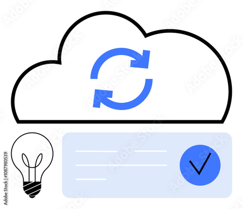 Cloud with synchronization arrows, lightbulb representing ideas, and checkmark on document suggest completed tasks. Ideal for productivity, cloud storage, idea management, task completion