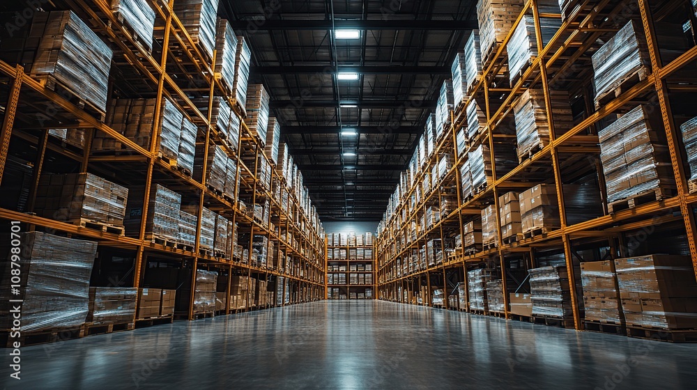 Vast Warehouse Interior: Rows of Pallets and Boxes Vast Warehouse Interior: Rows of Pallets and Boxes