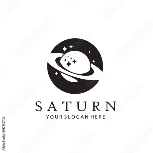 monochrome design of planet saturn with stars isolated on white background