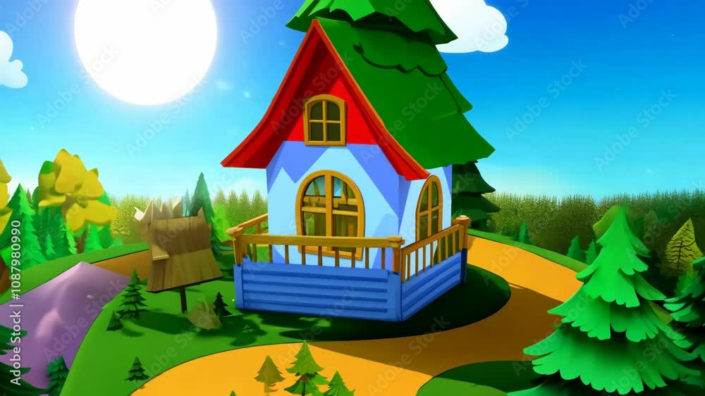 A house with a red roof and blue trim. The house is surrounded by trees. A person is standing in front of the house