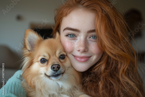 girl with red hair and freckles smiles while holding her Pomeranian dog close, showcasing warm bond and joy. cozy atmosphere enhances their connection