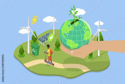 3D Isometric Flat Vector Illustration of Green Energy, Renewable Sources Ideas For Sustainability