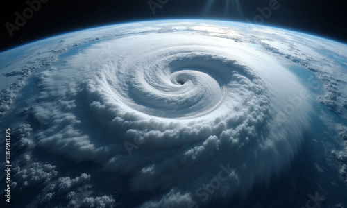 The image captures a massive hurricane with its spiraling clouds forming a distinct eye, hovering above the vast ocean as seen from space - Generative AI photo