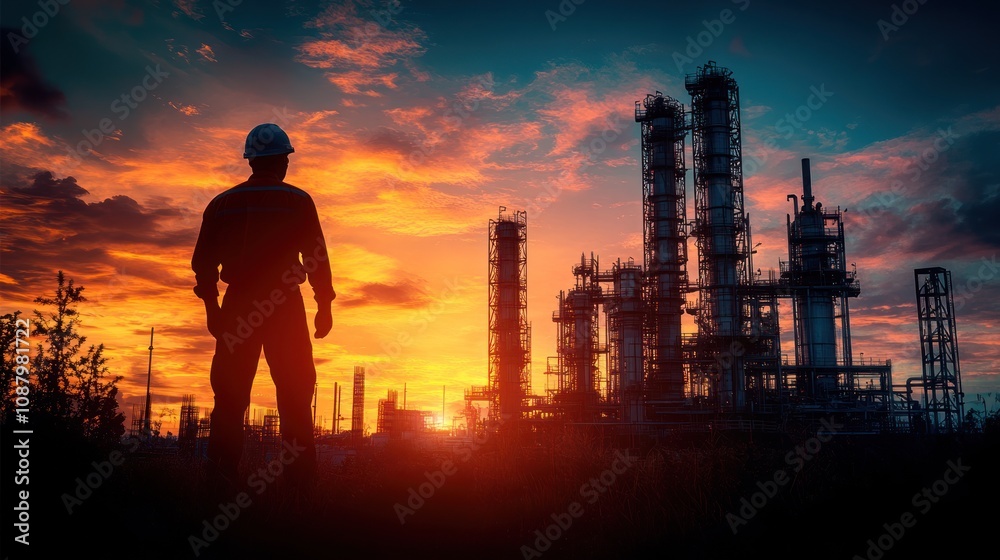 Fototapeta premium Silhouetted engineer at sunset, overlooking refinery.