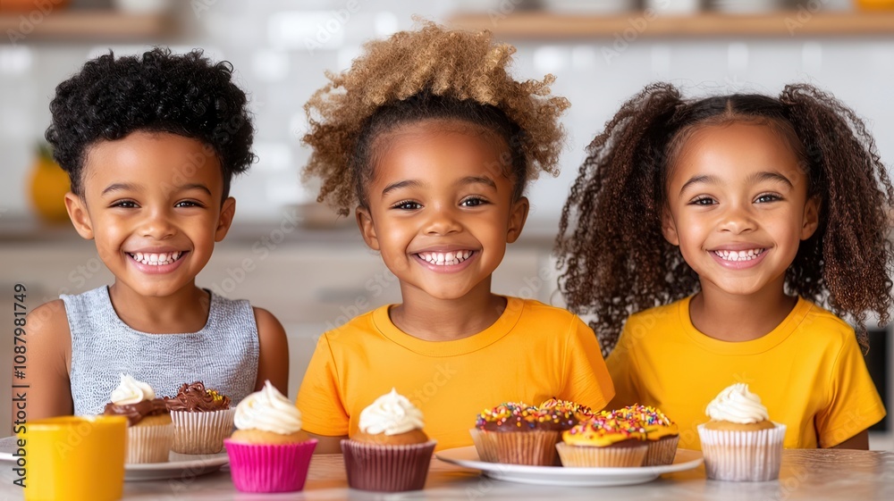Three joyful children pose with colorful cupcakes, showcasing smiles and a playful atmosphere. Three joyful children pose with colorful cupcakes, showcasing smiles and a playful atmosphere.