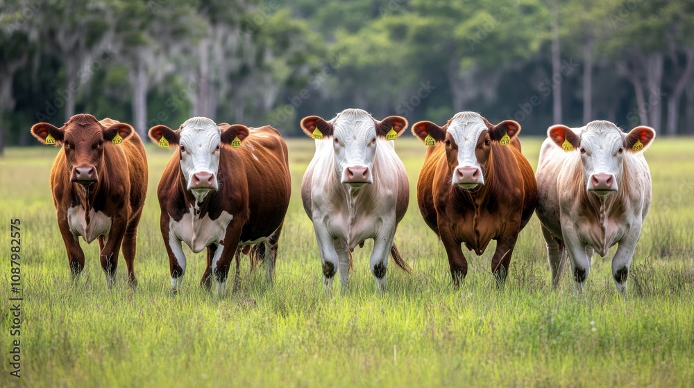 Five Cows Strolling in a Lush Green Pasture Five Cows Strolling in a Lush Green Pasture