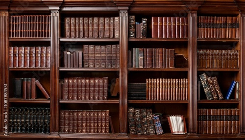 a library featuring mahogany bookshelves filled with leather bound books