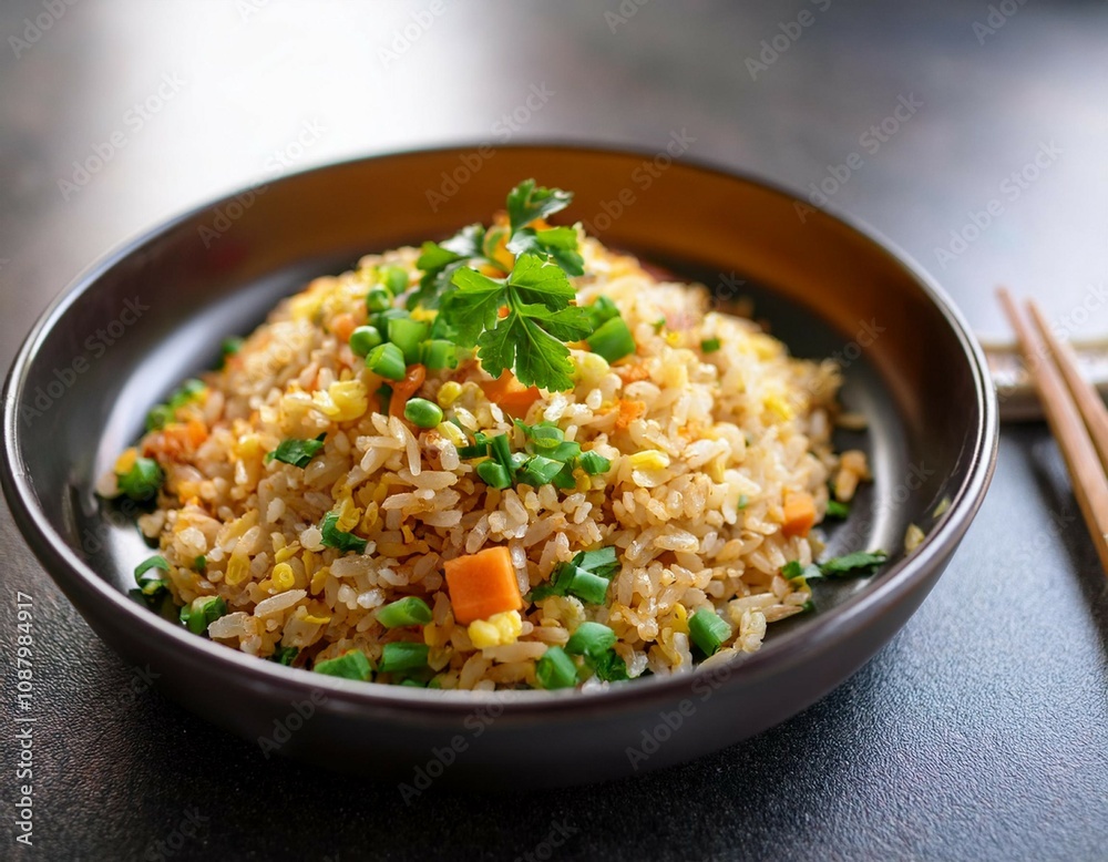 a plate of fluffy fried rice garnished with fresh parsley and green onions with vibrant vegetables mixed in the warm comforting dish is served in a bowl showcasing a blend of colors and textures a plate of fluffy fried rice garnished with fresh parsley and green onions with vibrant vegetables mixed in the warm comforting dish is served in a bowl showcasing a blend of colors and textures