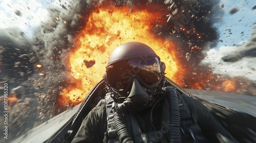 fighter pilot in the cockpit air combat in the background