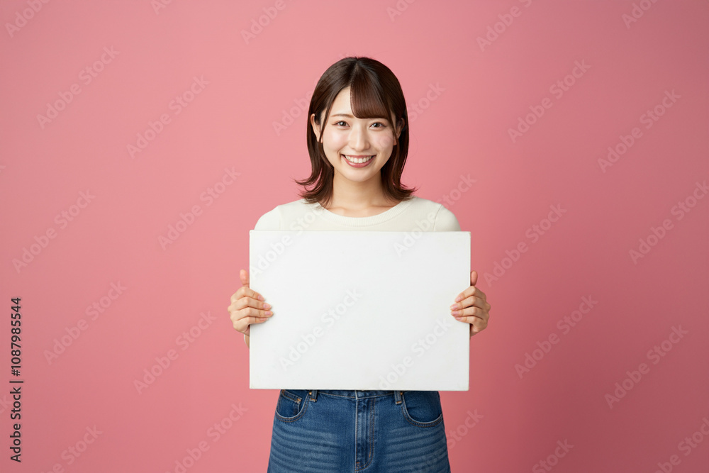 ホワイトボードを持った若い女性 ホワイトボードを持った若い女性
