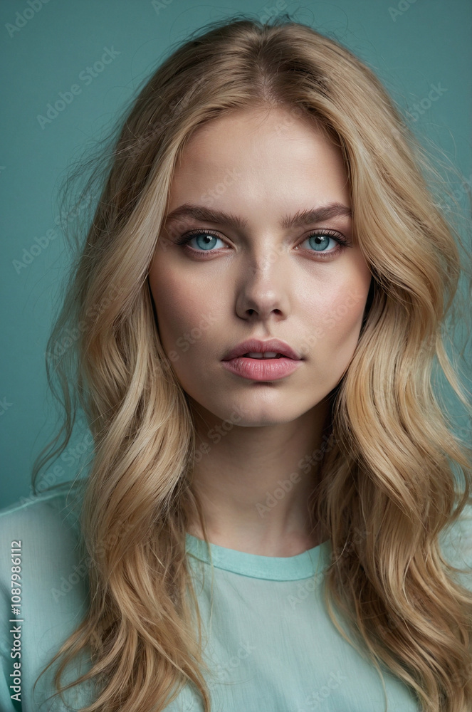 Fresh, Modern Portrait of Blonde Woman with Soft Blue Eyes and Tousled Hair Fresh, Modern Portrait of Blonde Woman with Soft Blue Eyes and Tousled Hair