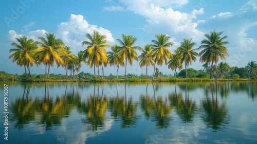 A line of palm trees reflected in a still lake with a blue sky and white clouds.
