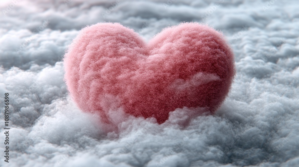 Fototapeta premium Soft pink heart resting on fluffy clouds.