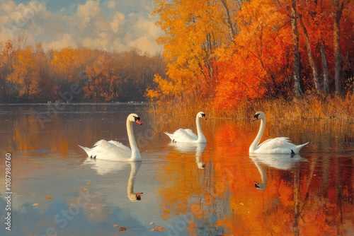 Three white swans gracefully swim in a calm lake surrounded by vibrant autumn foliage. photo