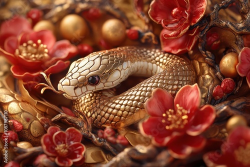 chinese new year celebration, earth snake crest on display among chinese new year treasures, accented with gold and ruby tones