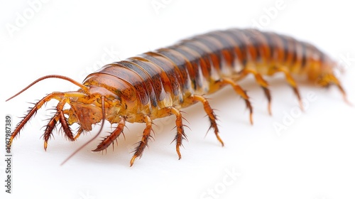 Close-up of a Brown Centipede on White Background