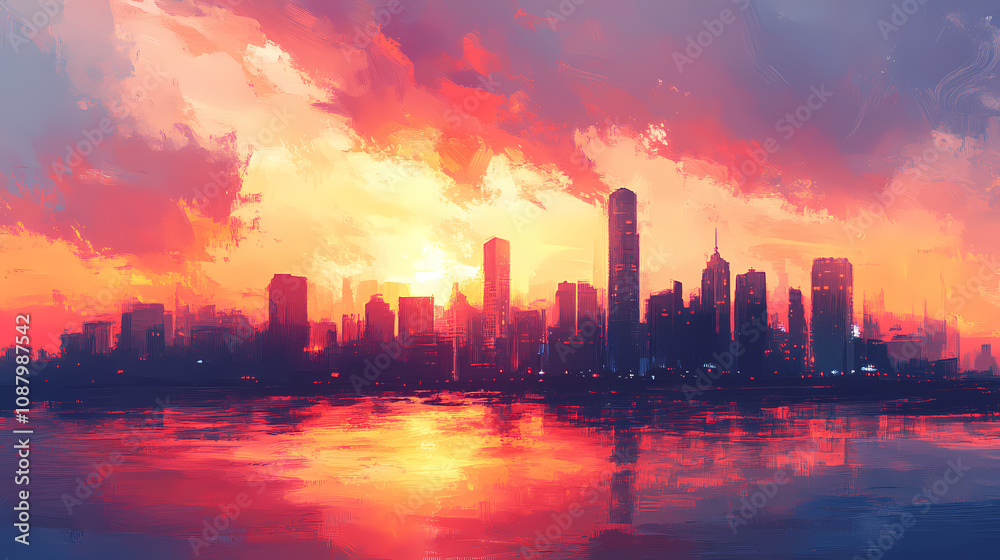 Retro skyline sunset cityscape digital art painting. Retro Synthwave Horizon. Illustration