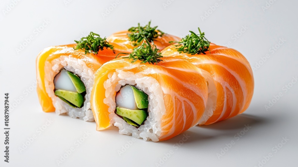Sushi roll with fresh salmon topping, creamy avocado, and rice filling, on minimalist table Sushi roll with fresh salmon topping, creamy avocado, and rice filling, on minimalist table