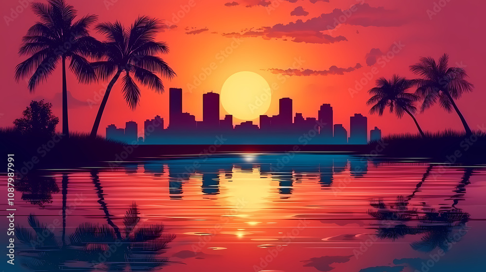 Fototapeta premium Painting of horizon with palmtrees silhouette, retro, miami vice style, reflections on water, city skyline buildings. Retro Synthwave Horizon. Illustration