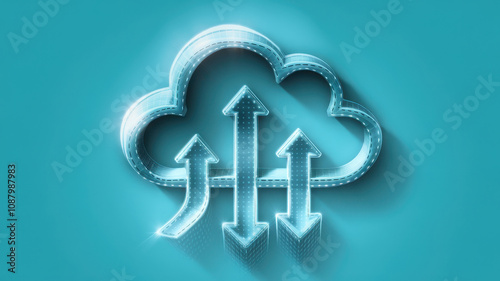 Obraz na płótnie Stylized blue cloud with ascending arrows, symbolizing data upload and cloud technology advancements.