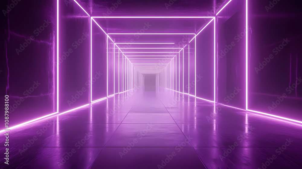 Fototapeta premium Neon wireframe horizon background the light purple square floor glows. Retro Synthwave Horizon. Illustration