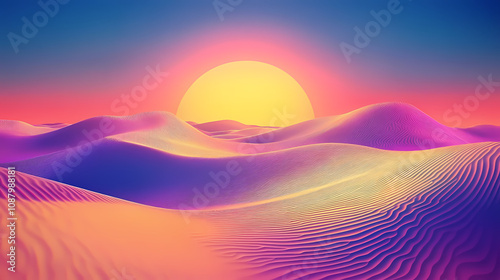 Neon-infused synthwave desert landscape with glowing sand dunes retro sun on the horizon vibrant colors atmosphere futuristic vibes cinematic style. Retro Synthwave Horizon. Illustration photo