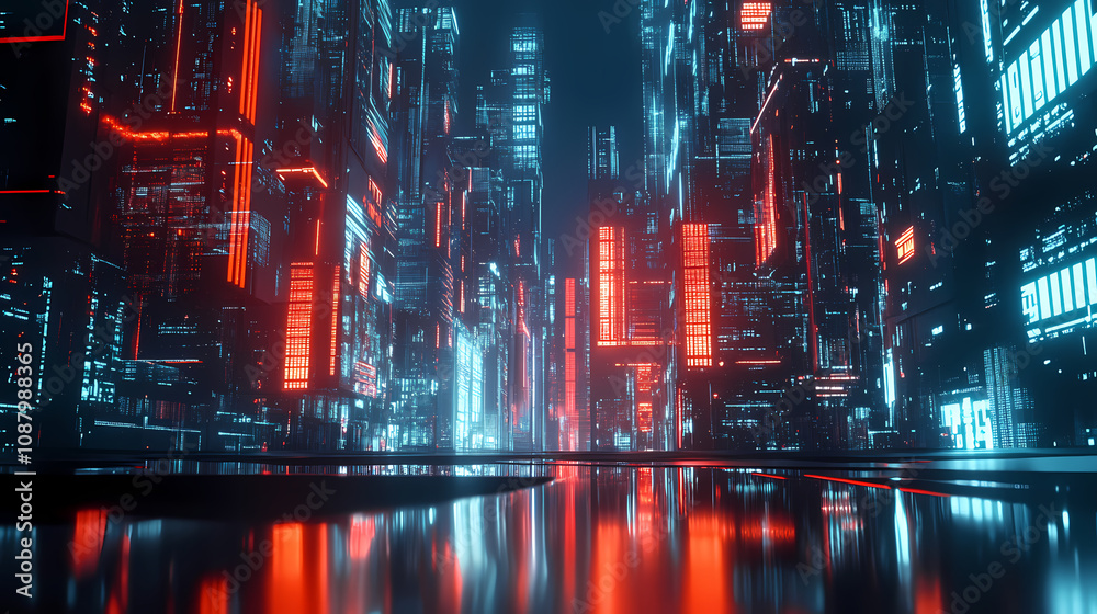Fototapeta premium Backdrop of neon city synthwave futuristic cyber landscape. Retro Synthwave Horizon. Illustration
