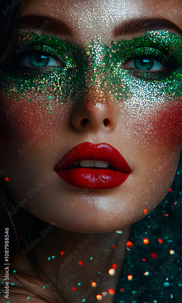 A striking beauty portrait featuring a close-up of a woman's face adorned with vibrant green glitter across her eyes A striking beauty portrait featuring a close-up of a woman's face adorned with vibrant green glitter across her eyes
