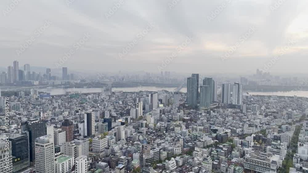 Drone View of Seoul city in South Korea, Hongik University Station, Autumn Drone View of Seoul city in South Korea, Hongik University Station, Autumn