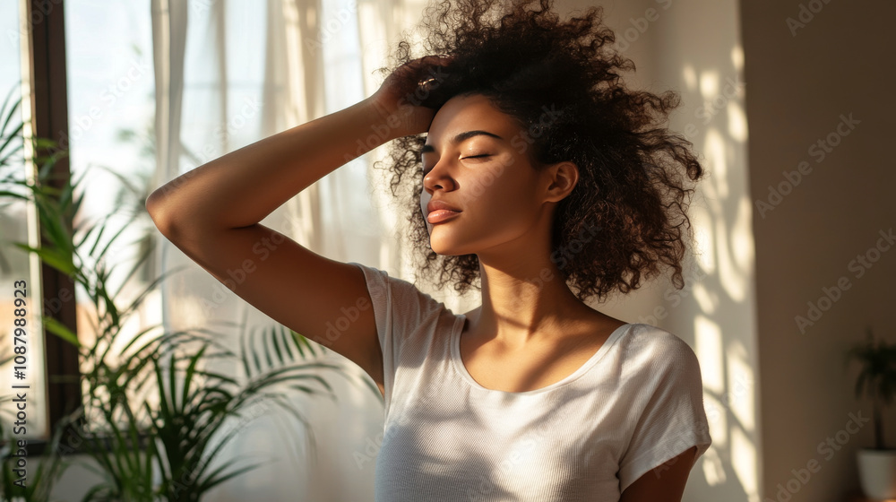 Woman adjusting her hair in natural light, looking serene