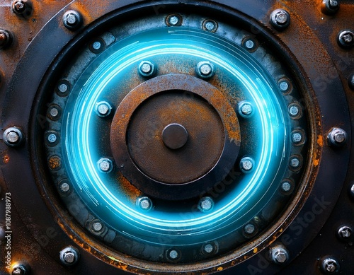 rusted metal plate with glowing circular insets photo