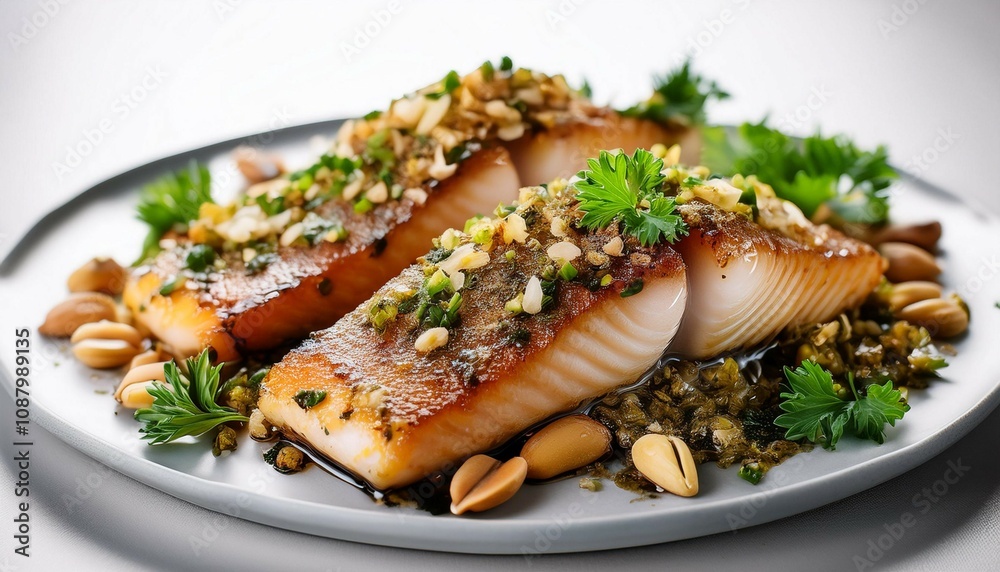 seared fish fillets topped with chopped nuts herbs and seasonings close up of seared fish fillets garnished with a mixture of chopped nuts fresh herbs and spices seared fish fillets topped with chopped nuts herbs and seasonings close up of seared fish fillets garnished with a mixture of chopped nuts fresh herbs and spices