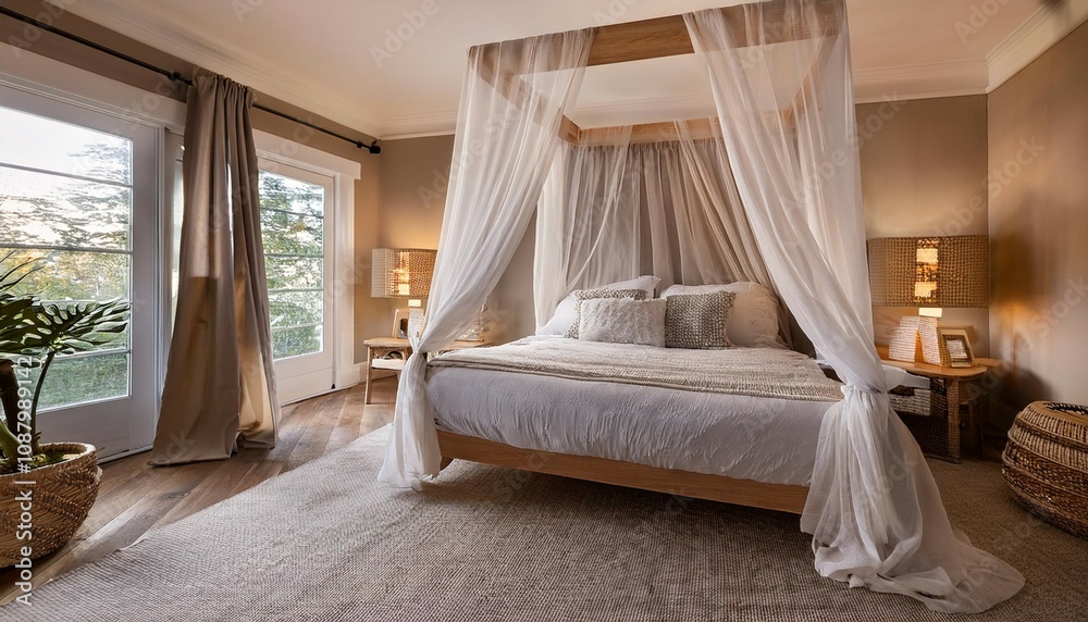 serene bedroom retreat with a canopy bed draped in sheer fabric serene bedroom retreat with a canopy bed draped in sheer fabric