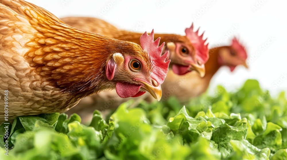 Fototapeta premium Chicken close-up, vibrant feathers in detail, focused face
